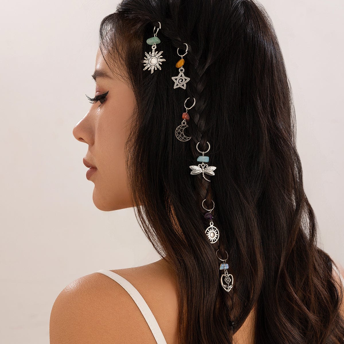 Boho 6Pcs Turquoise Stone Sun Moon Star Dragonfly Floral Heart Charm Hair Braids Ring Set - ArtGalleryZen