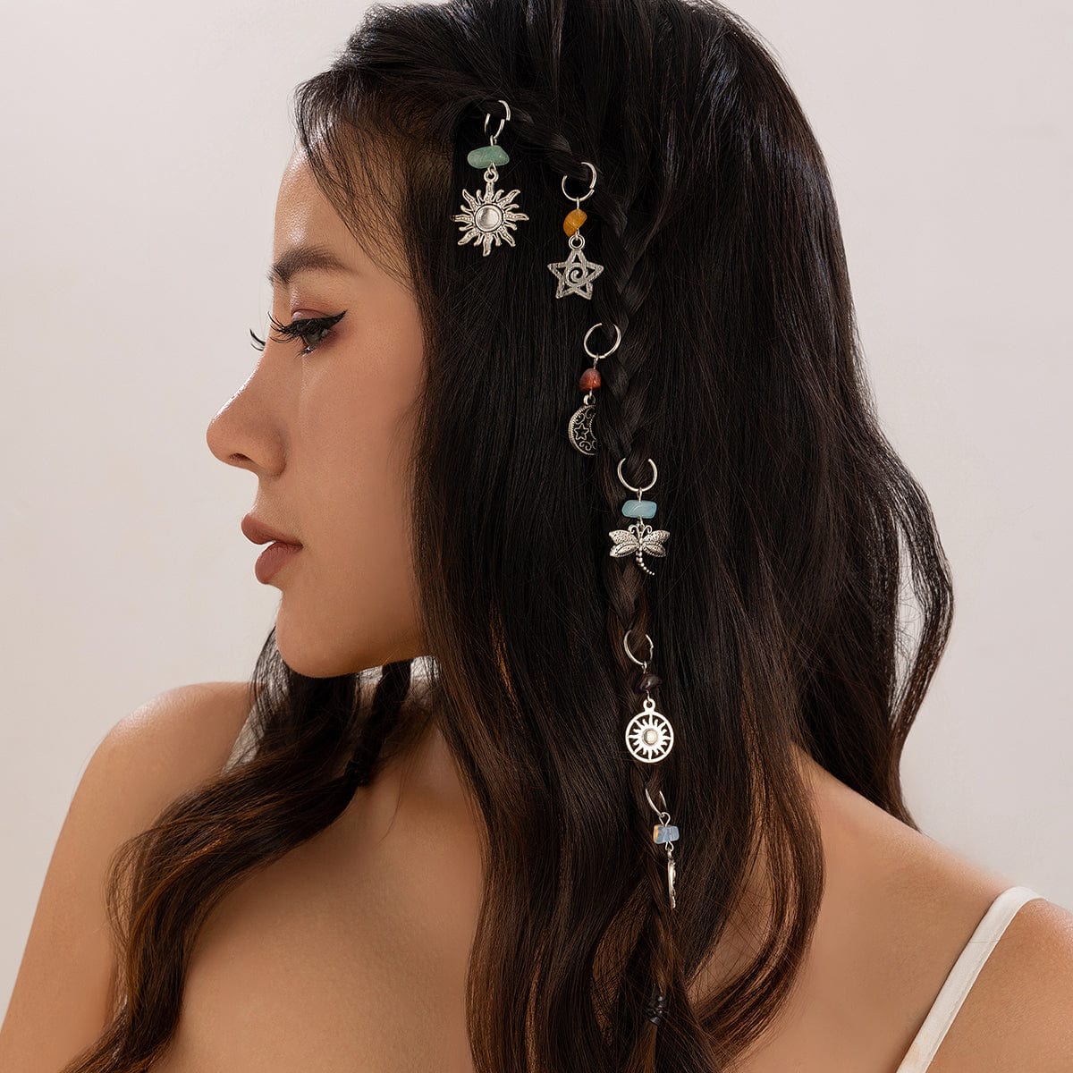 Boho 6Pcs Turquoise Stone Sun Moon Star Dragonfly Floral Heart Charm Hair Braids Ring Set - ArtGalleryZen