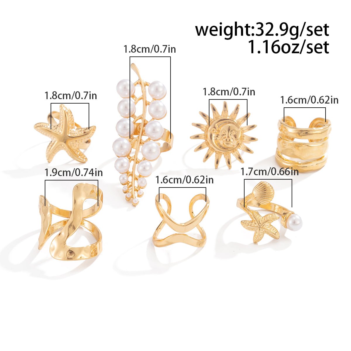 Boho 7pcs Chunky Pearl Sun Starfish Hollow Ring Set - ArtGalleryZen