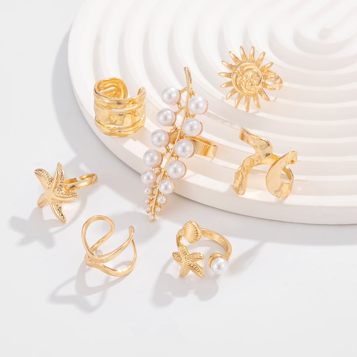 Boho 7pcs Chunky Pearl Sun Starfish Hollow Ring Set - ArtGalleryZen