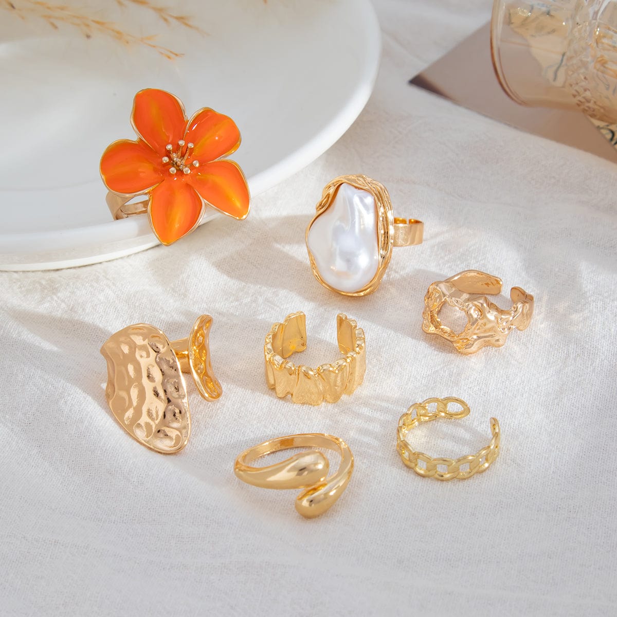 Boho 7pcs Enamel Flower Pearl Hollow Ring Set - ArtGalleryZen