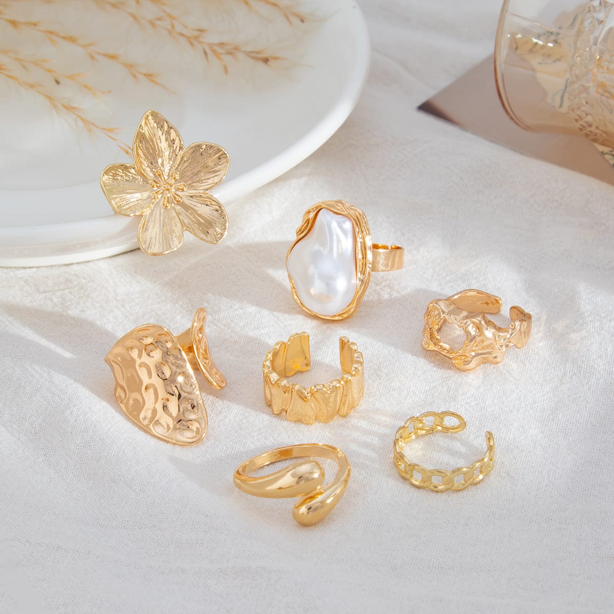 Boho 7pcs Enamel Flower Pearl Hollow Ring Set - ArtGalleryZen