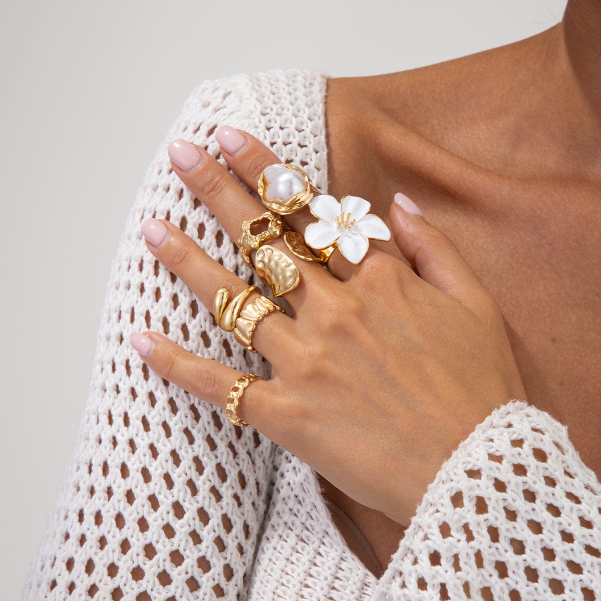 Boho 7pcs Enamel Flower Pearl Hollow Ring Set - ArtGalleryZen