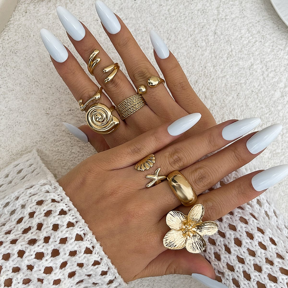 Boho 8pcs Flower Starfish Shell Stackable Open Ring Set - ArtGalleryZen