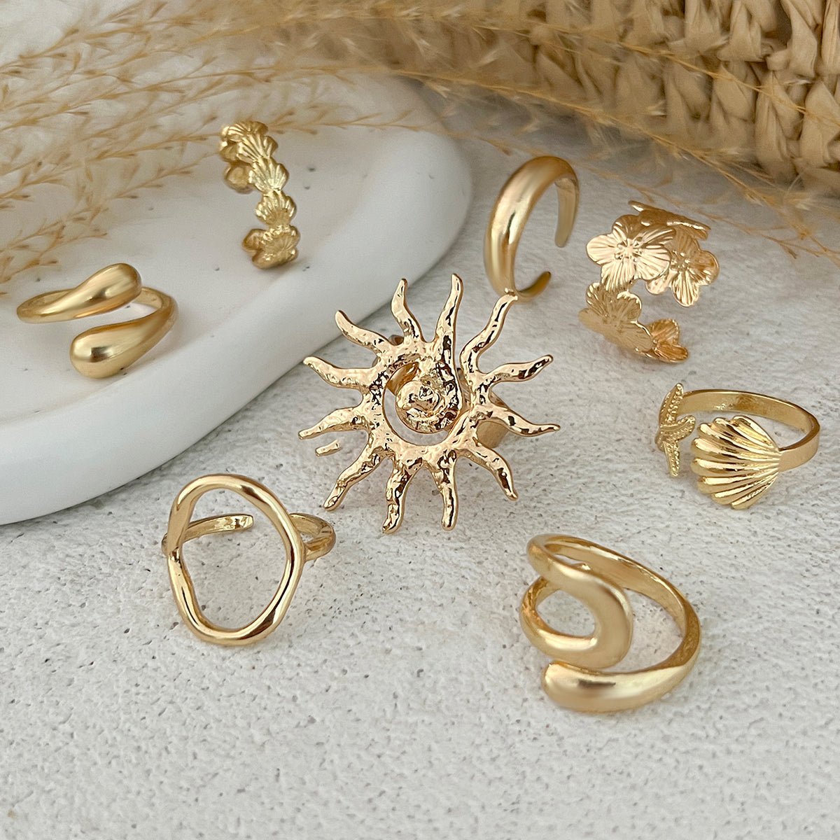 Boho 8pcs Sun Flower Shell Starfish Hollow Ring Set - ArtGalleryZen