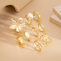 Thumbnail for Boho 9pcs Chunky Flower Pearl Curved Waterdrop Open Ring Set - ArtGalleryZen