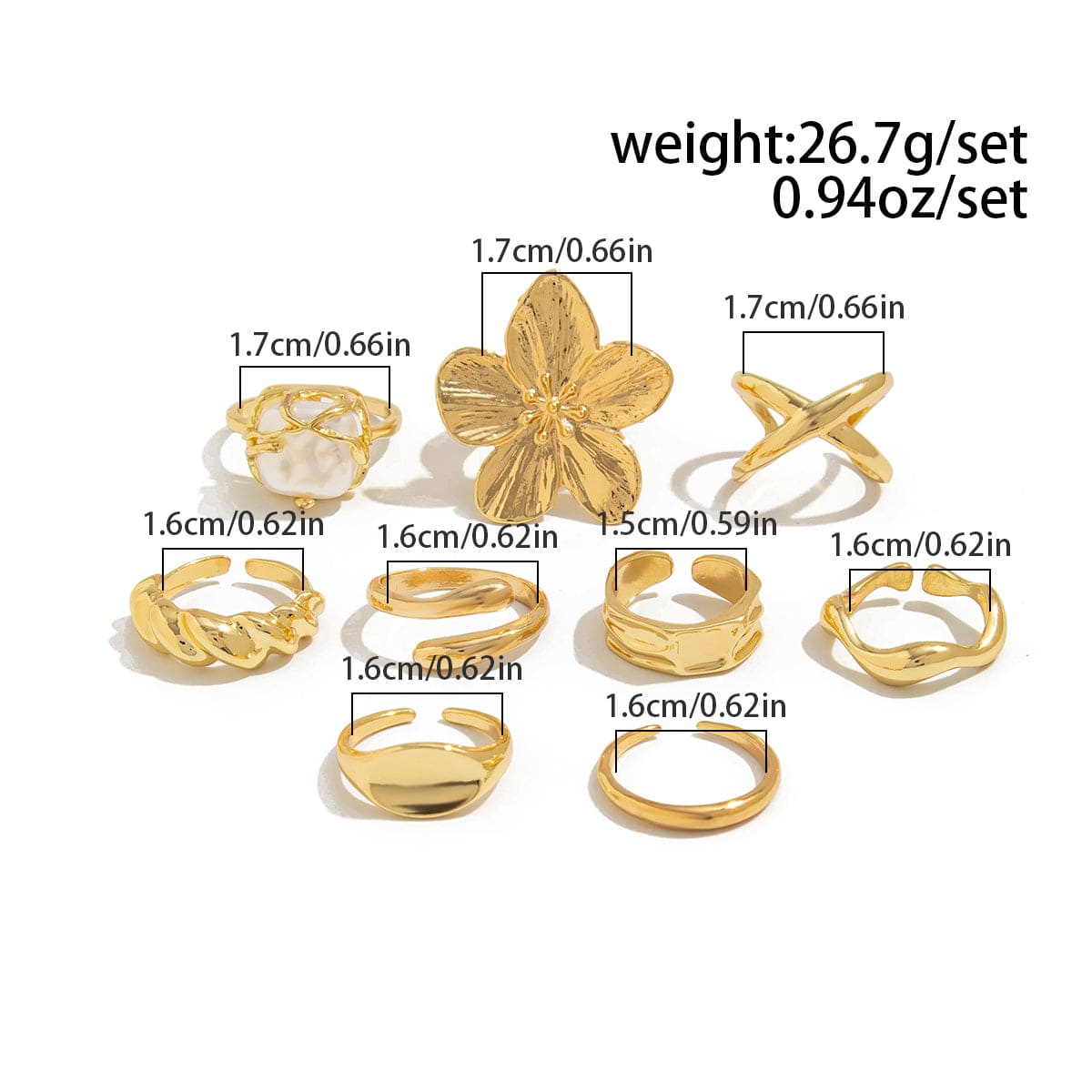 Boho 9pcs Chunky Flower Pearl Curved Waterdrop Open Ring Set - ArtGalleryZen