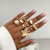 Thumbnail for Boho 9pcs Chunky Flower Pearl Curved Waterdrop Open Ring Set - ArtGalleryZen