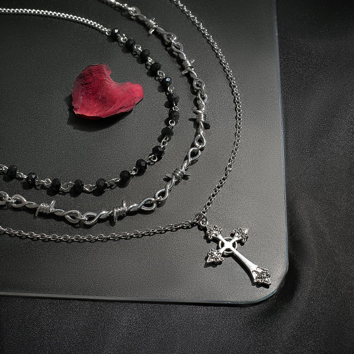 Boho Antique Cross Pendant Crystal Barbed Chain Necklace Set - ArtGalleryZen