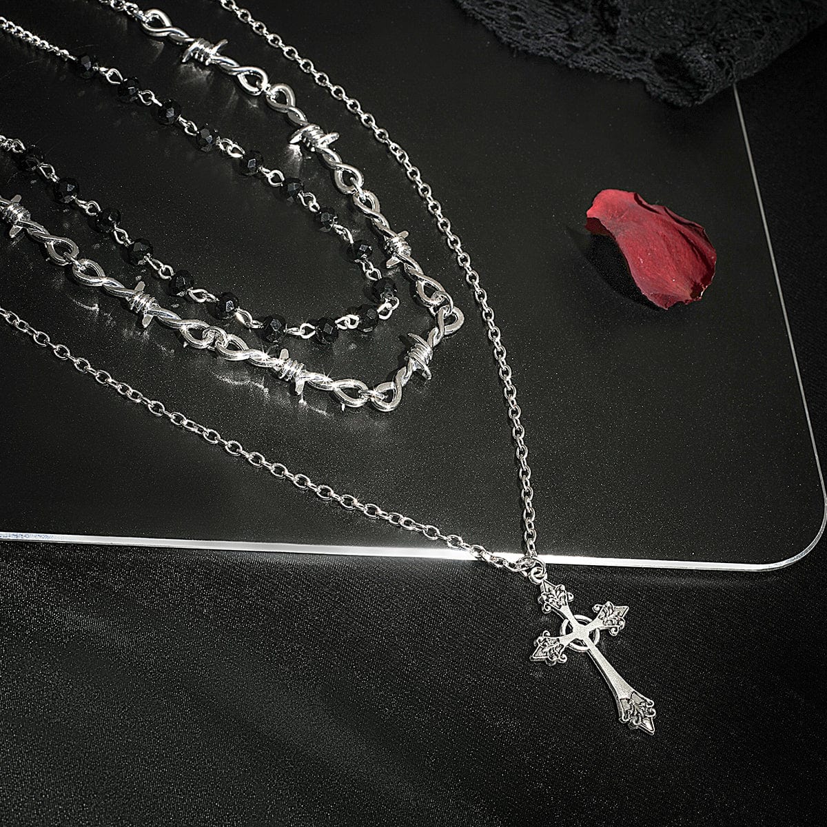 Boho Antique Cross Pendant Crystal Barbed Chain Necklace Set - ArtGalleryZen