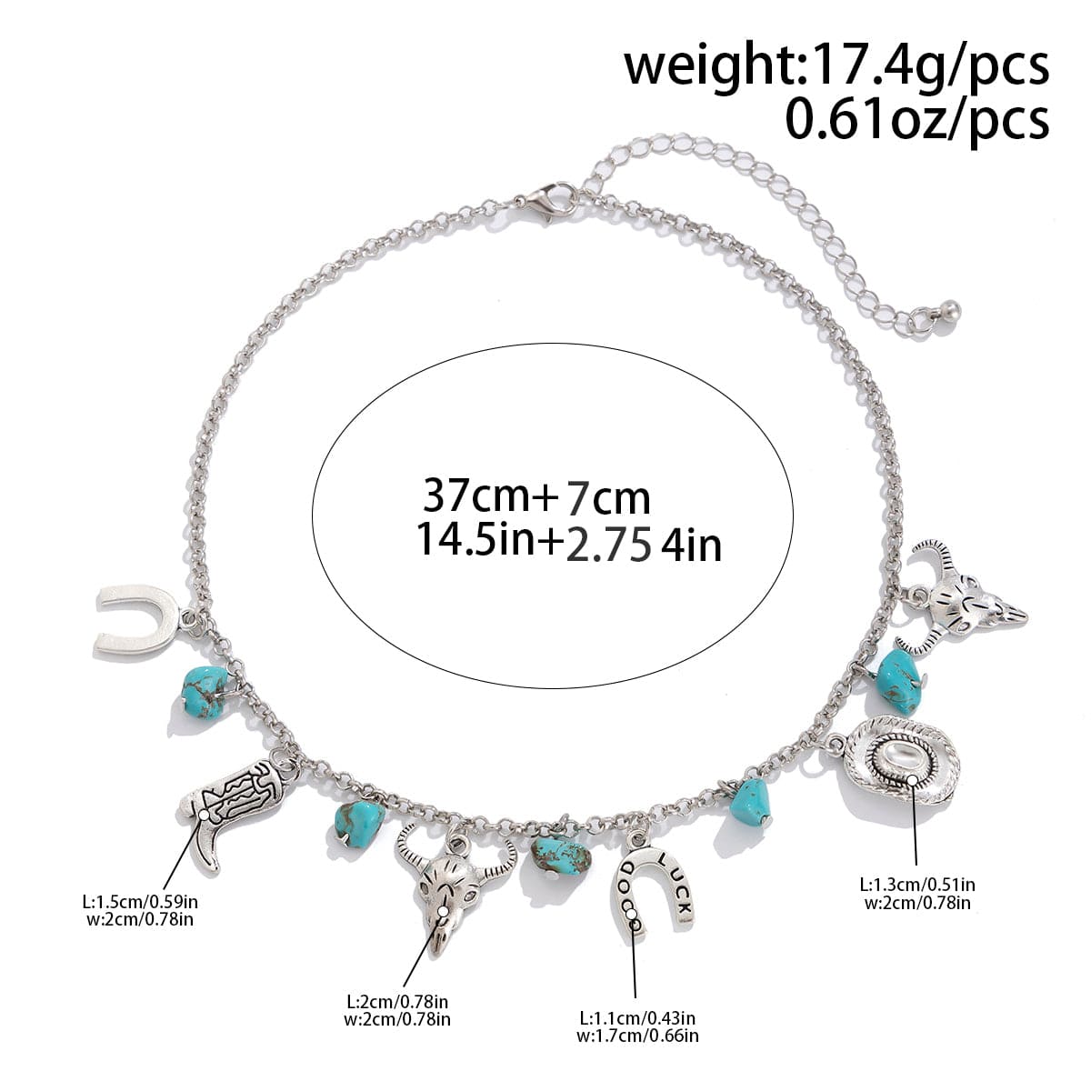 Boho Bull Boot Cowboy Hat Turquoise Charm Necklace - ArtGalleryZen