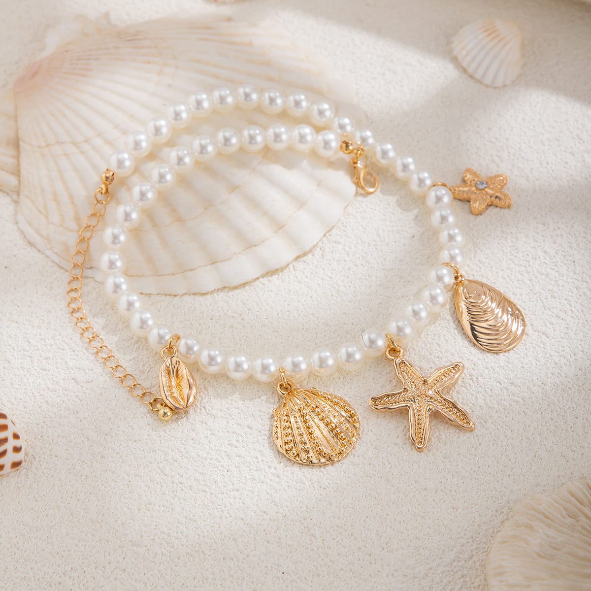 Boho Chunky Conch Shell Starfish Pendant Pearl Chain Necklace - ArtGalleryZen