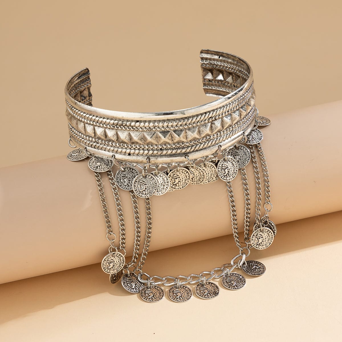 Boho Chunky Layered Coin Tassel Embossed Pattern Arm Cuff - ArtGalleryZen