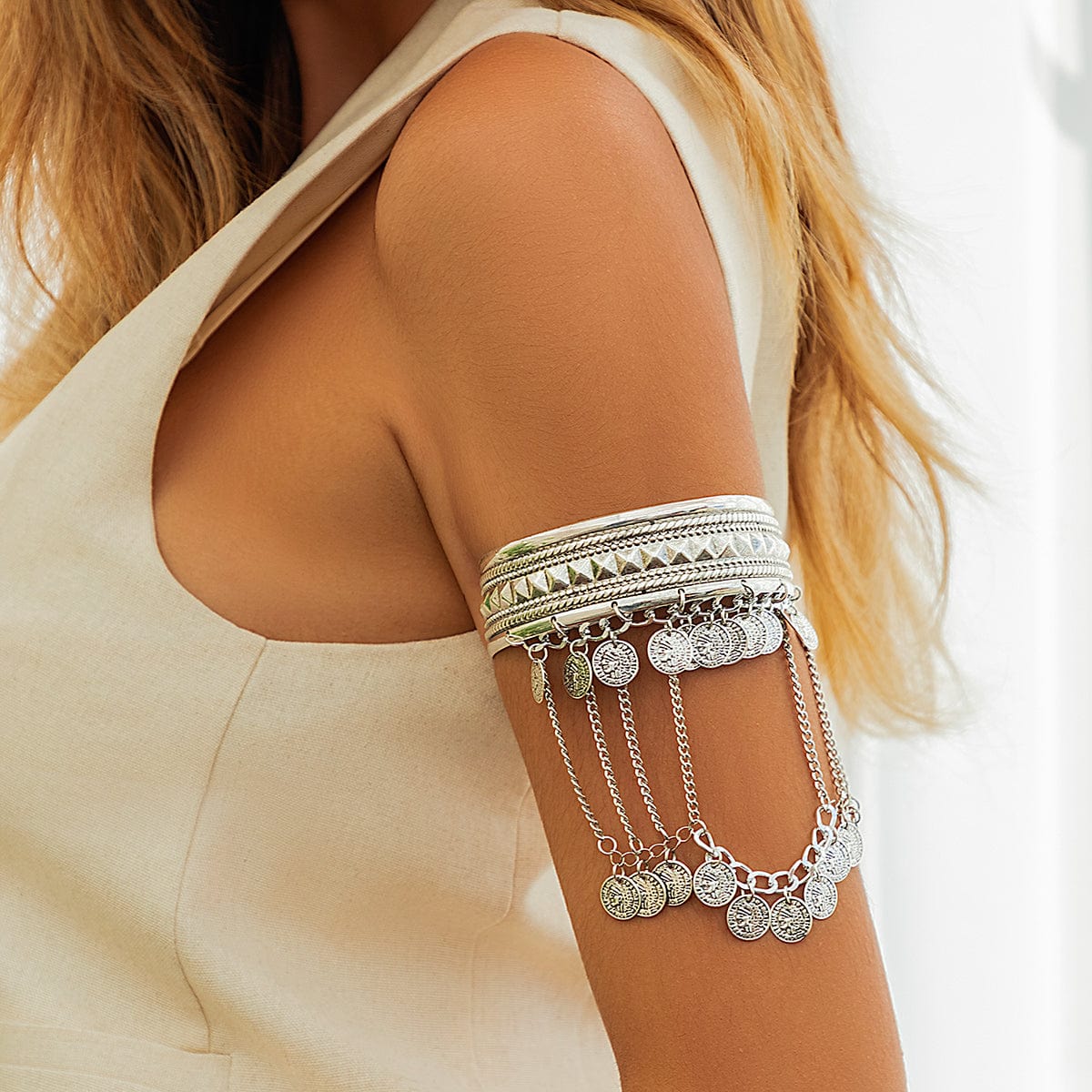 Boho Chunky Layered Coin Tassel Embossed Pattern Arm Cuff - ArtGalleryZen