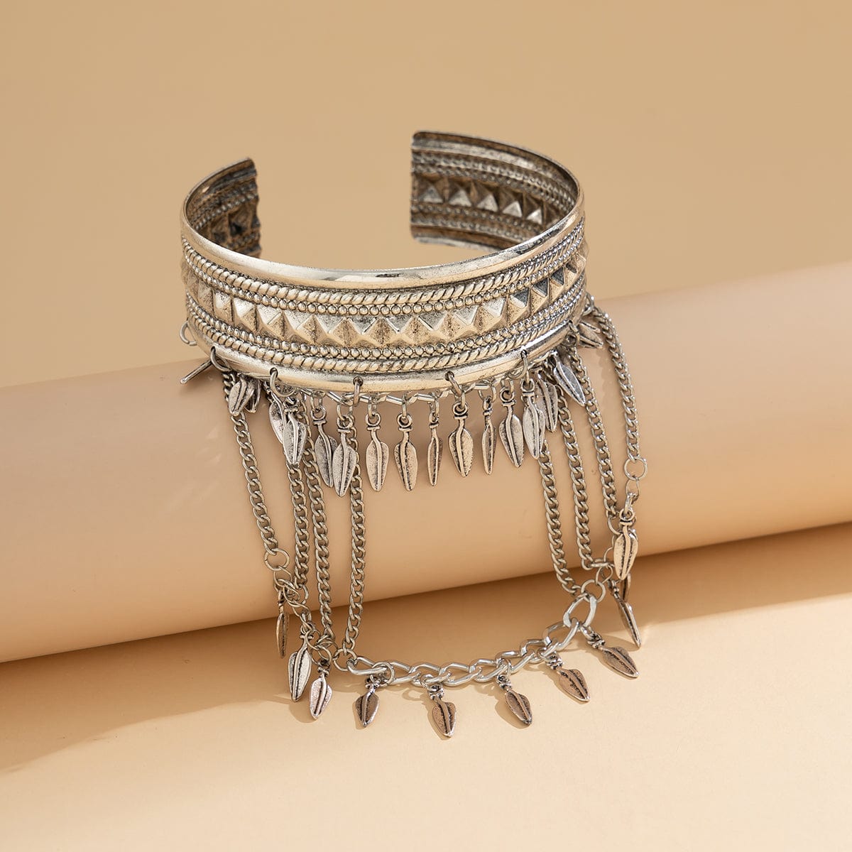 Boho Chunky Layered Leaf Tassel Embossed Pattern Arm Cuff - ArtGalleryZen
