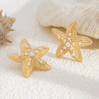 Thumbnail for Boho Chunky Pearl Inlaid Starfish Earrings - ArtGalleryZen