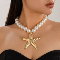 Thumbnail for Boho Chunky Starfish Pendant Pearl Chain Necklace - ArtGalleryZen
