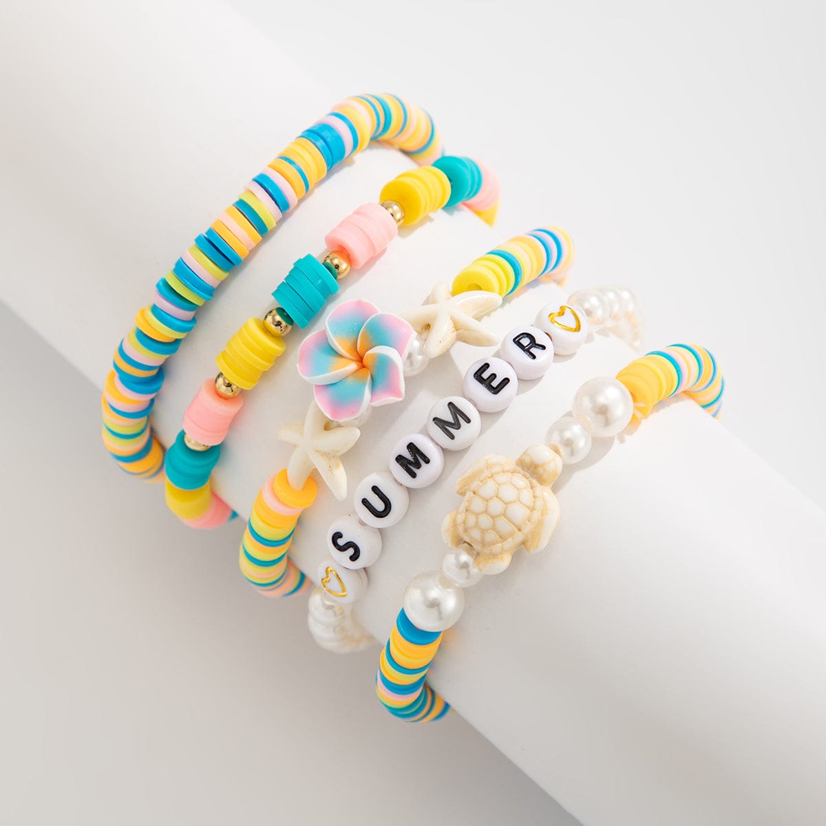 Boho Colorful 5pcs Flower Turtle Pearl Beaded Bracelet Set - ArtGalleryZen