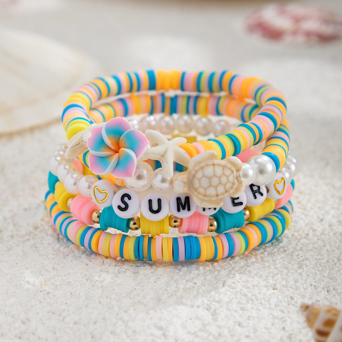 Boho Colorful 5pcs Flower Turtle Pearl Beaded Bracelet Set - ArtGalleryZen