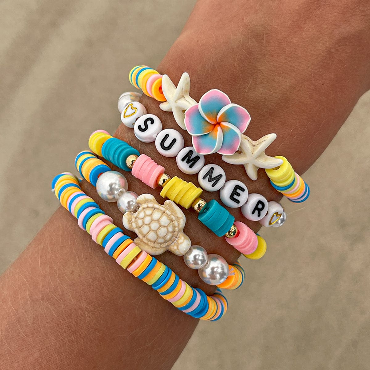Boho Colorful 5pcs Flower Turtle Pearl Beaded Bracelet Set - ArtGalleryZen