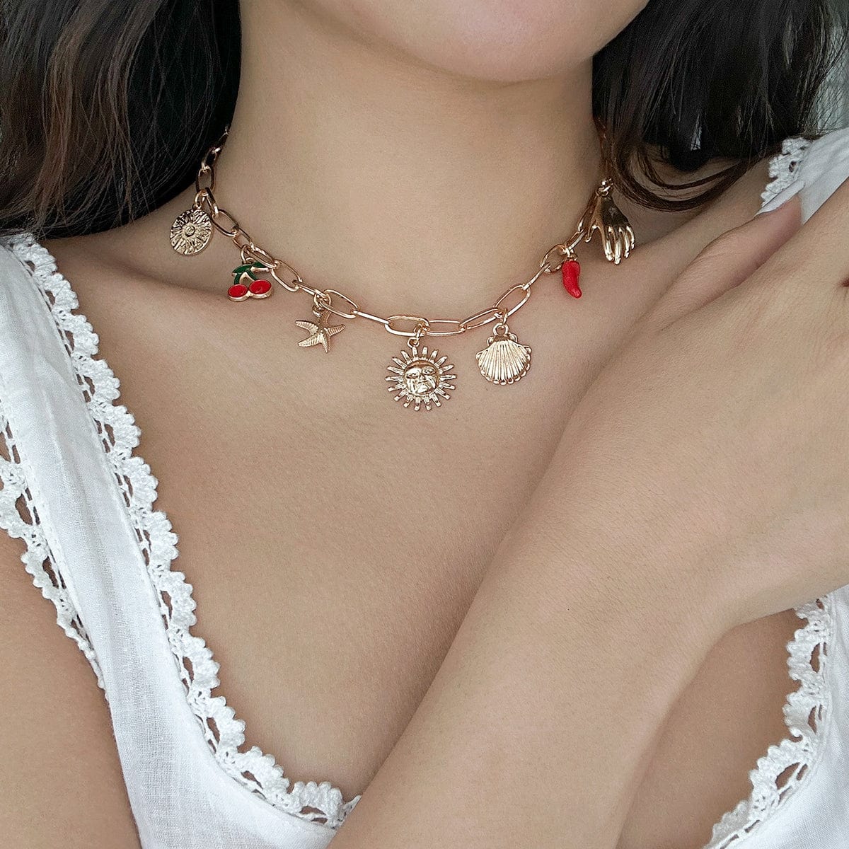 Boho Enamel Cherry Sun Starfish Shell Pendant Necklace - ArtGalleryZen
