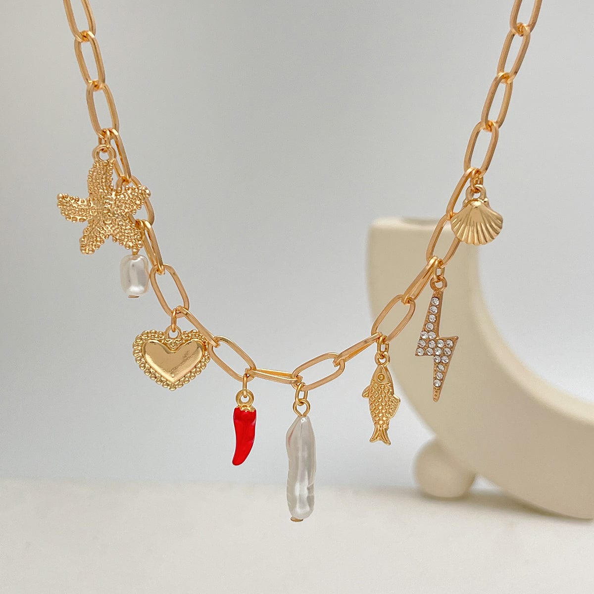 Boho Enamel Chili Heart Irregular Pearl Pendant Necklace - ArtGalleryZen