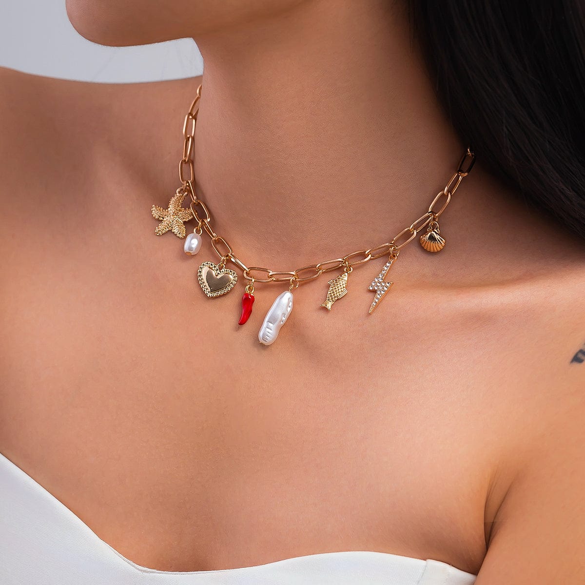 Boho Enamel Chili Heart Irregular Pearl Pendant Necklace - ArtGalleryZen