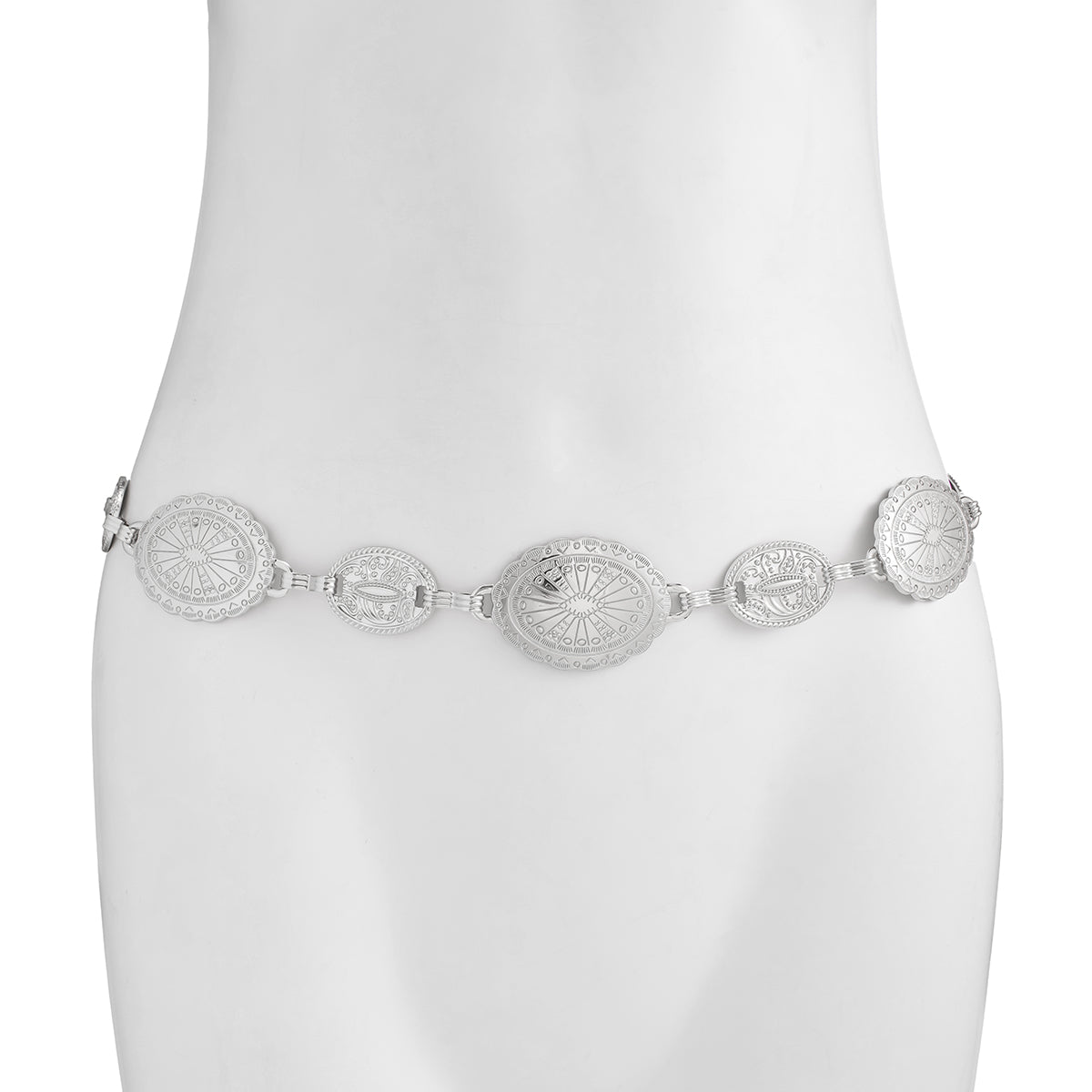 Boho Gold Silver Tone Carved Flower Oval Disk Waist Chain - ArtGalleryZen