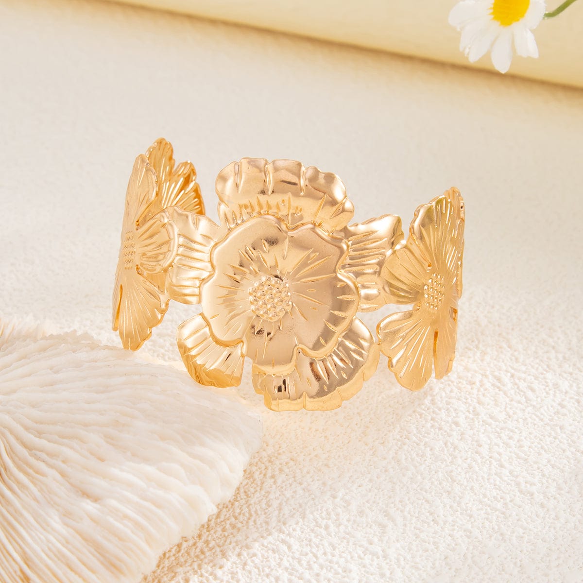 Boho Gold Silver Tone Chunky Flower Bangle Bracelet - ArtGalleryZen