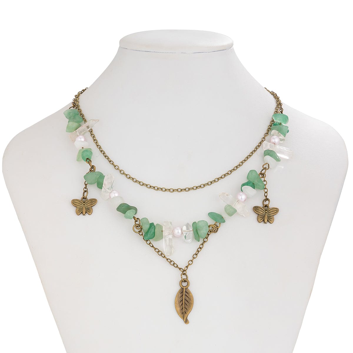 Boho Layered Butterfly Feather Pendant Turquoise Stone Chain Necklace - ArtGalleryZen