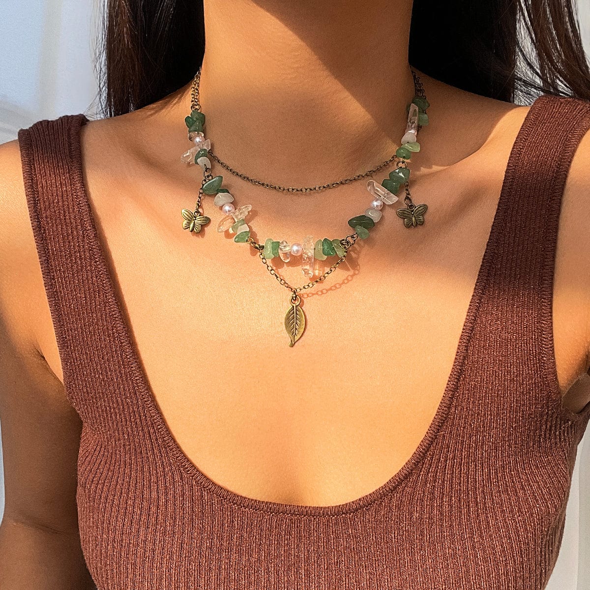 Boho Layered Butterfly Feather Pendant Turquoise Stone Chain Necklace - ArtGalleryZen