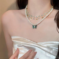 Thumbnail for Boho Layered Butterfly Rhinestone Shell Tassel Pearl Chain Necklace - ArtGalleryZen