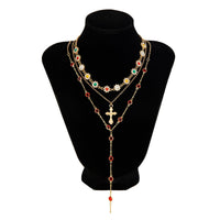 Thumbnail for Boho Layered Cross Pendant Rhinestone Crystal Chain Y Necklace Set - ArtGalleryZen