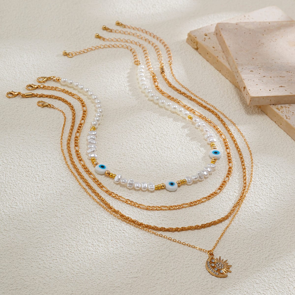 Boho Layered CZ Inlaid Sun Moon Pendant Evil Eye Pearl Chain Necklace Set - ArtGalleryZen