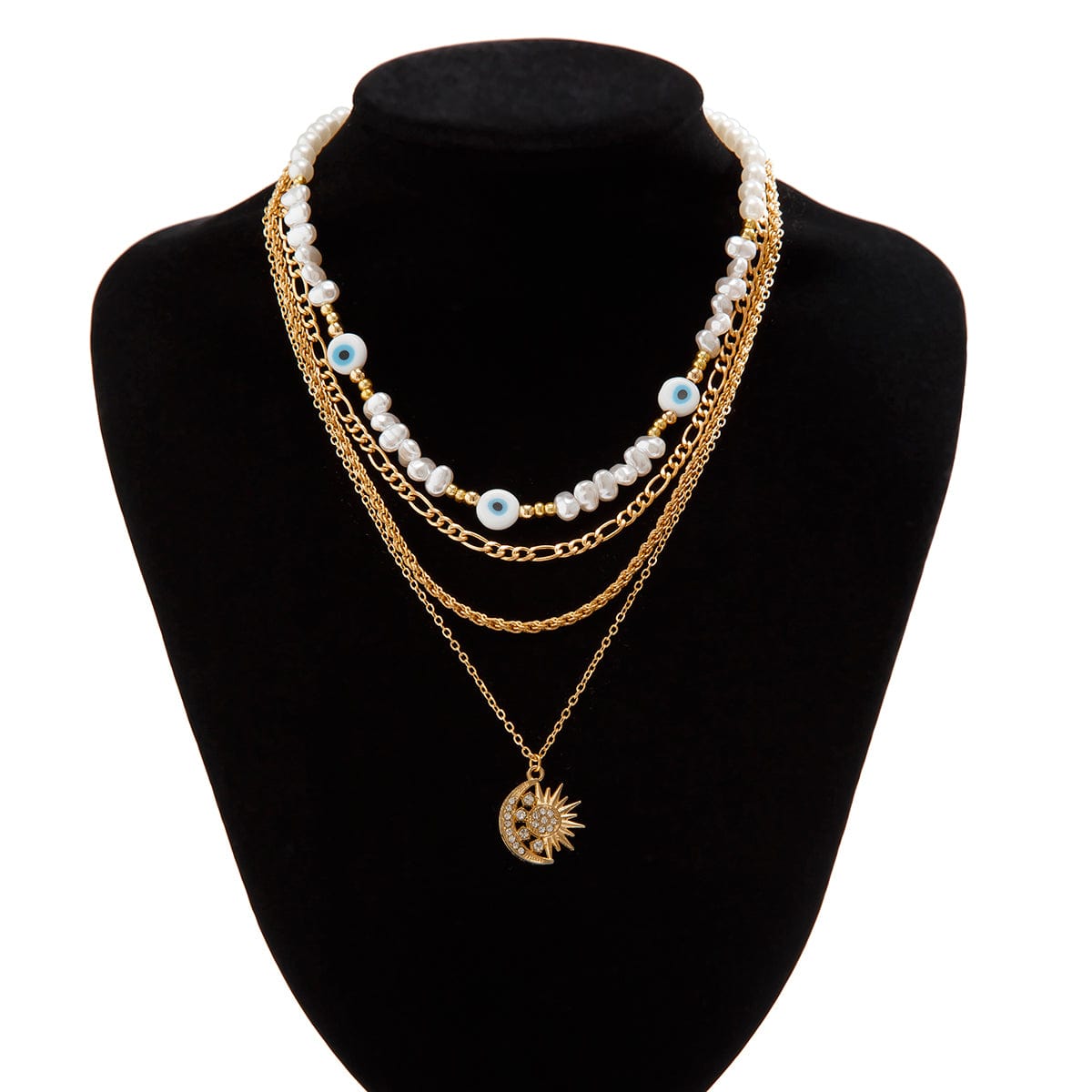 Boho Layered CZ Inlaid Sun Moon Pendant Evil Eye Pearl Chain Necklace Set - ArtGalleryZen