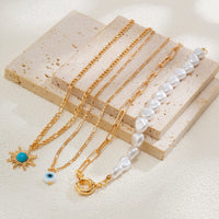 Thumbnail for Boho Layered Evil Eye Turquoise Sun Pendant Paperclip Pearl Chain Necklace Set - ArtGalleryZen