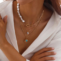 Thumbnail for Boho Layered Evil Eye Turquoise Sun Pendant Paperclip Pearl Chain Necklace Set - ArtGalleryZen