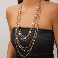 Thumbnail for Boho Layered Gold Tone Pearl Cable Chain Necklace - ArtGalleryZen