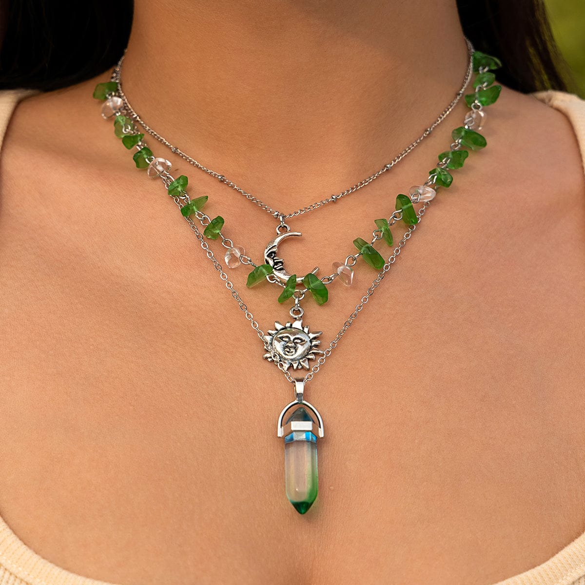 Boho Layered Healing Crystal Sun Moon Pendant Turquoise Stone Necklace Set - ArtGalleryZen