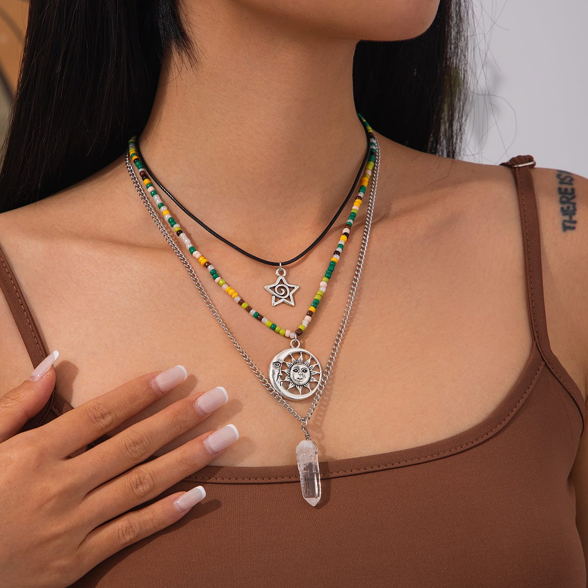Boho Layered Healing Crystal Sun Moon Star Pendant Seed Beaded Necklace Set - ArtGalleryZen