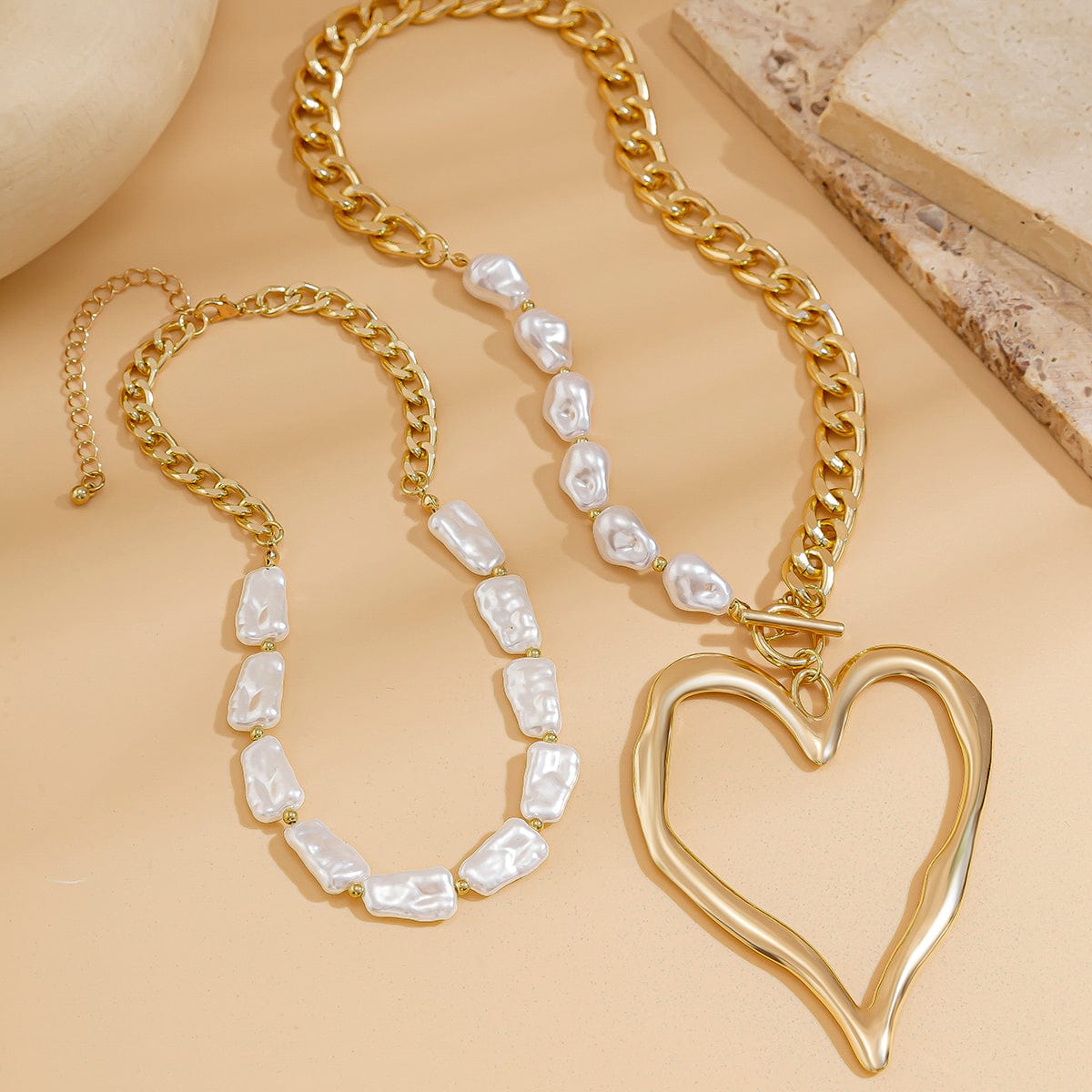 Boho Layered Heart Pendant Irregular Pearl Curb Chain Choker Necklace Set - ArtGalleryZen