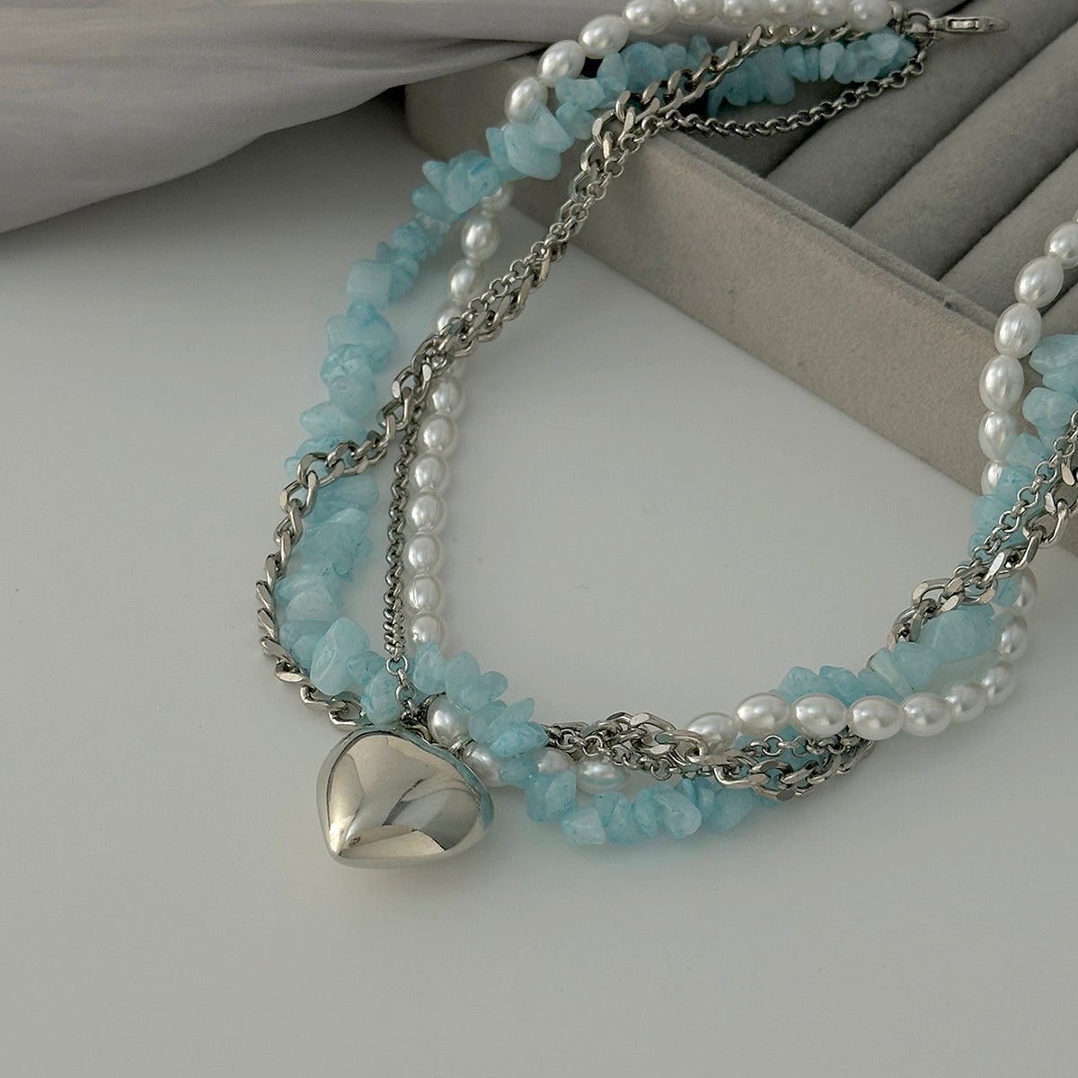 Boho Layered Heart Pendant Turquoise Pearl Curb Chain Choker Necklace - ArtGalleryZen