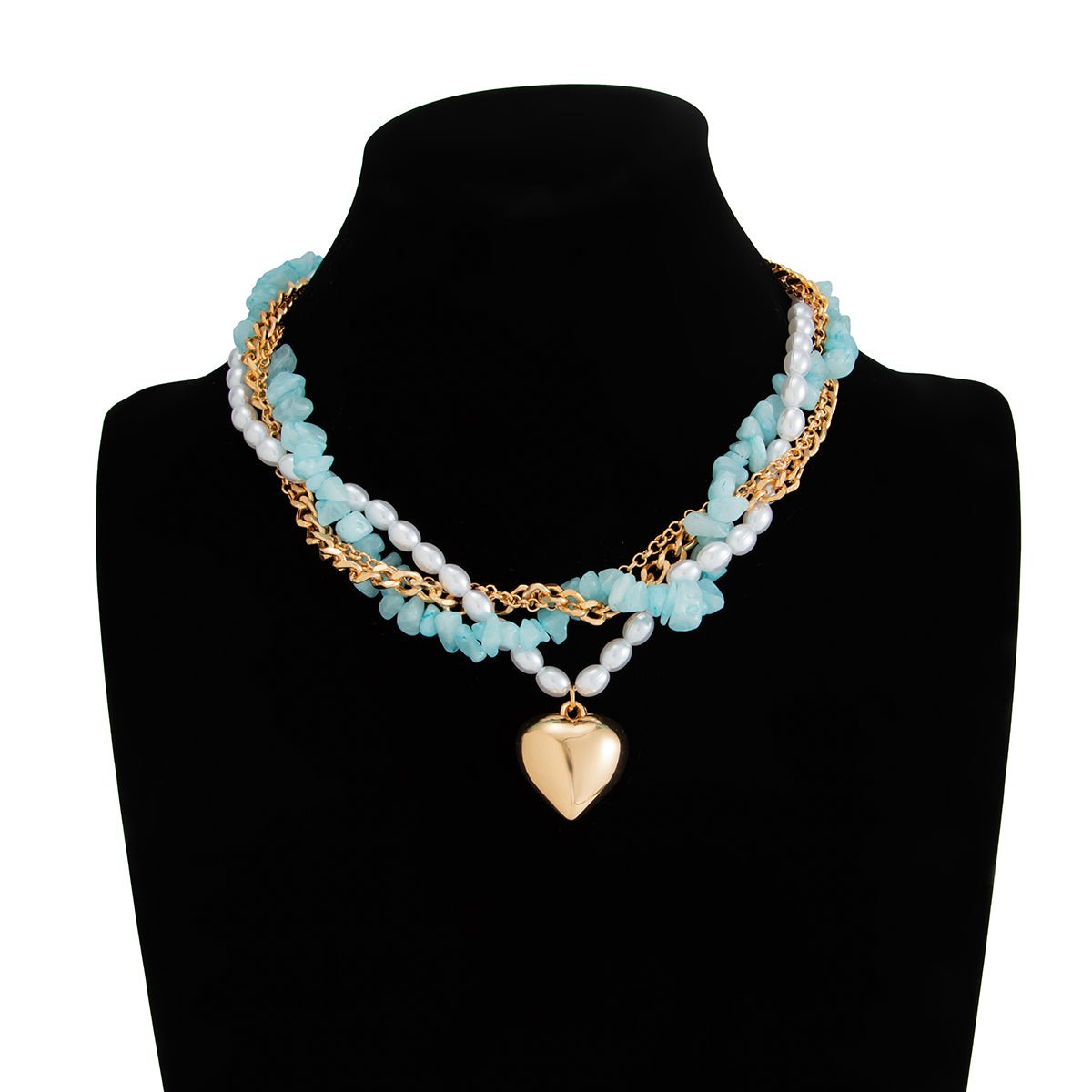 Boho Layered Heart Pendant Turquoise Pearl Curb Chain Choker Necklace - ArtGalleryZen