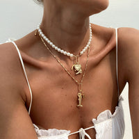 Thumbnail for Boho Layered Key Lock Boot Lucky Horseshoe Pendant Pearl Chain Necklace Set - ArtGalleryZen