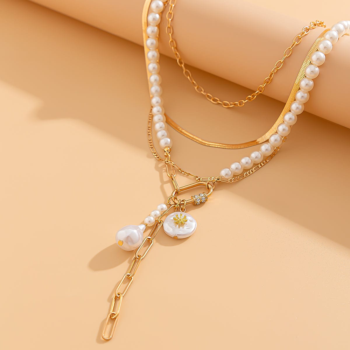 Boho Layered Pearl Tassel Herringbone Cable Chain Y Necklace - ArtGalleryZen