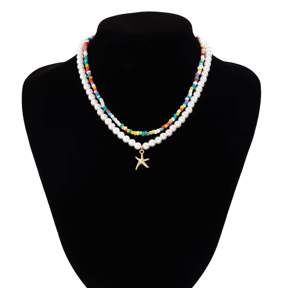 Boho Layered Seed Bead Starfish Pendant Pearl Chain Necklace Set - ArtGalleryZen