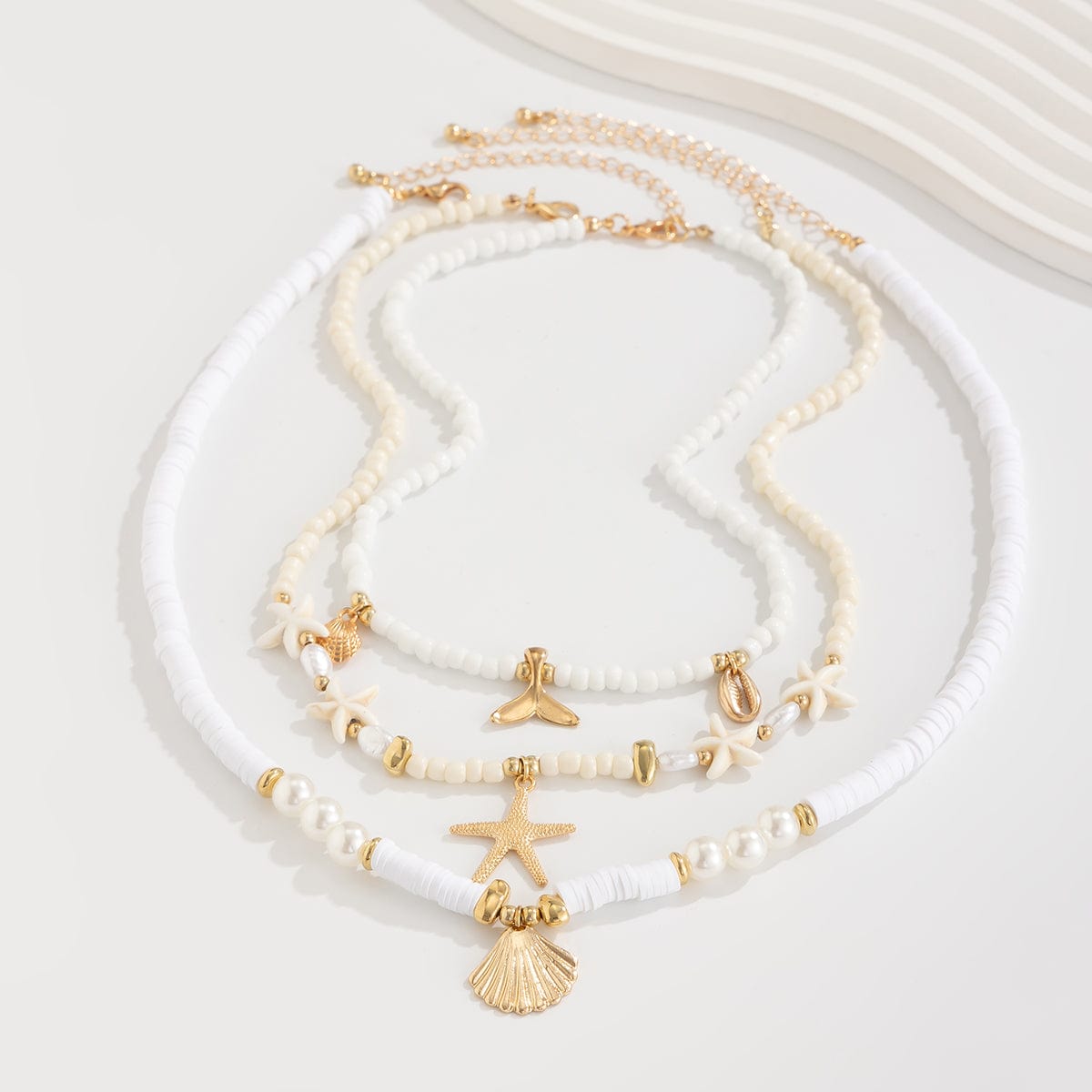 Boho Layered Shell Starfish Mermaid Pendant Pearl Seed Bead Necklace Set - ArtGalleryZen