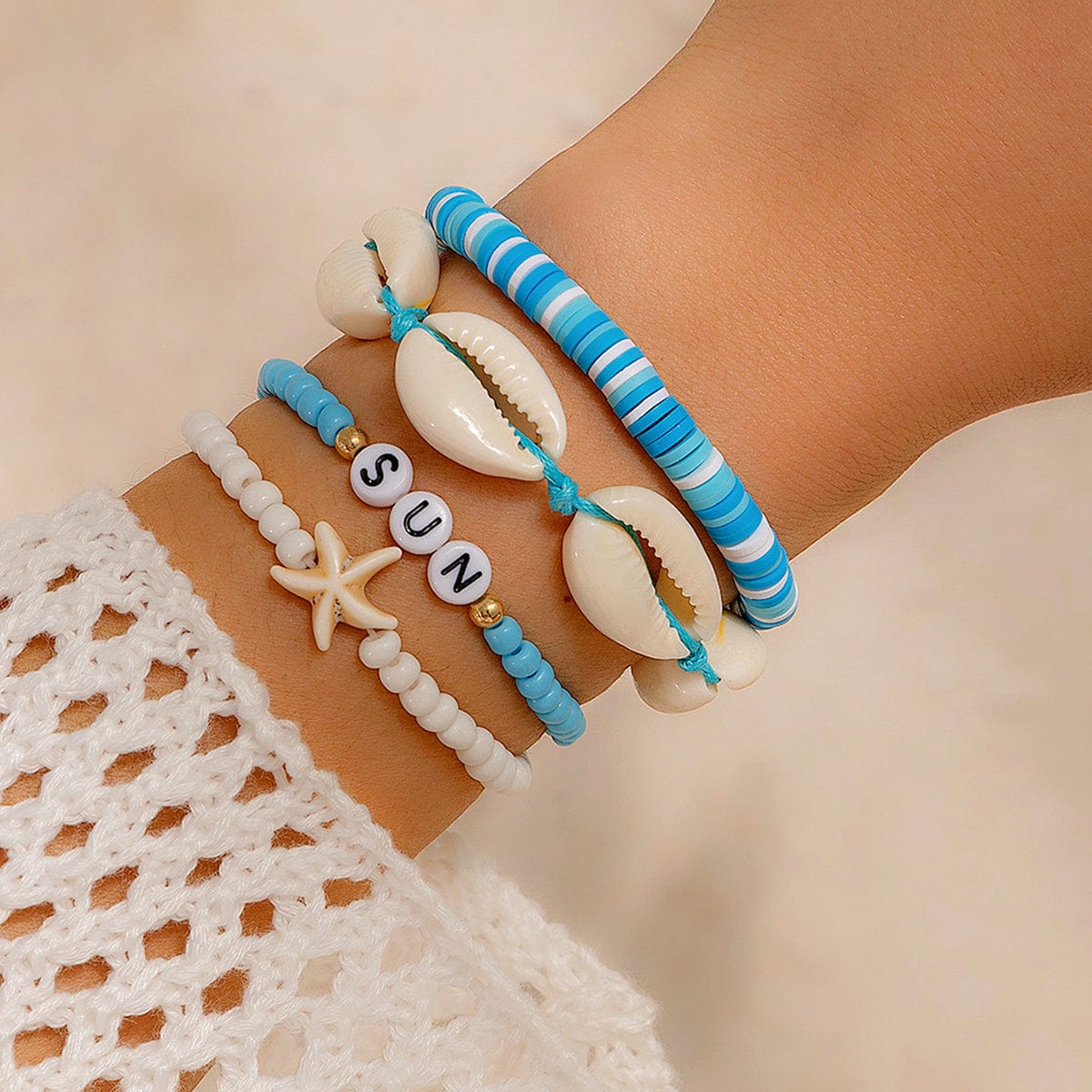 Boho Layered Shell Starfish Polymer Clay Letter Beaded Bracelet Set - ArtGalleryZen