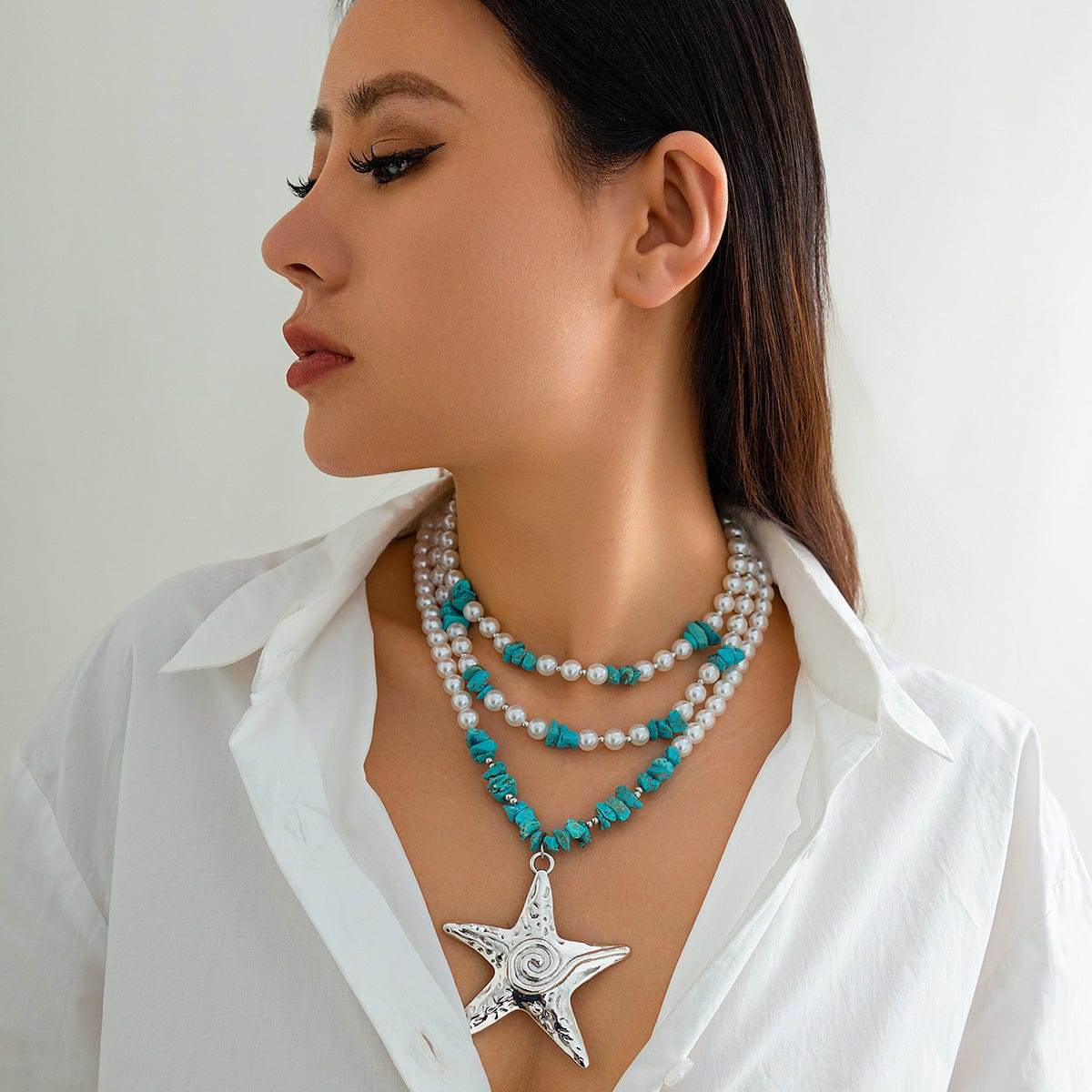 Boho Layered Textured Star Pendant Turquoise Pearl Chain Necklace - ArtGalleryZen