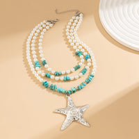 Thumbnail for Boho Layered Textured Star Pendant Turquoise Pearl Chain Necklace - ArtGalleryZen